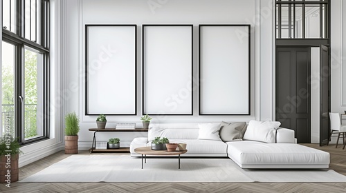 Frame mockup, ISO A paper size. Living room wall poster mockup. Interior mockup with house background. Modern interior design. 3D render



