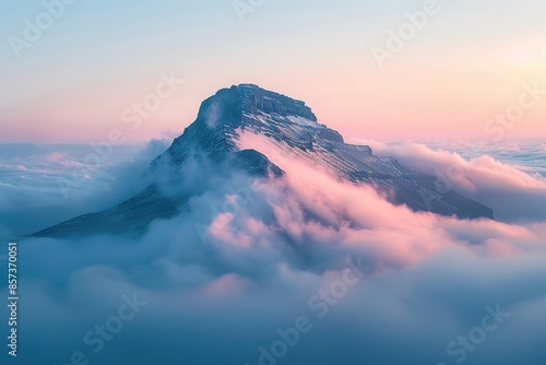 Snow-capped mountain peak surrounded by clouds at sunrise photo