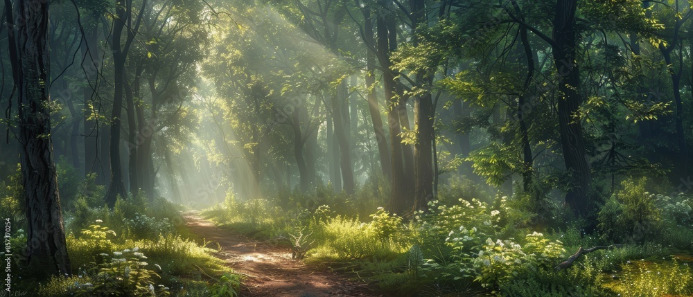 Fototapeta premium Serene forest path with sunlight streaming through the trees