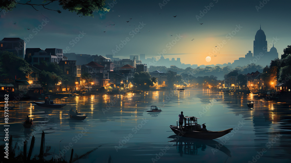Fototapeta premium Hanoi - Vietnam, Asia, City, Cartoon, Poster Style