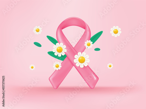 Realistic pink ribbon over pink background with shadow. World breast cancer awareness month in October with vector flower. photo