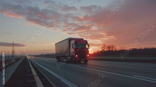A semi truck drives down a rural highway at sunset. The sky is a bright orange and pink, and the truck is silhouetted against it.