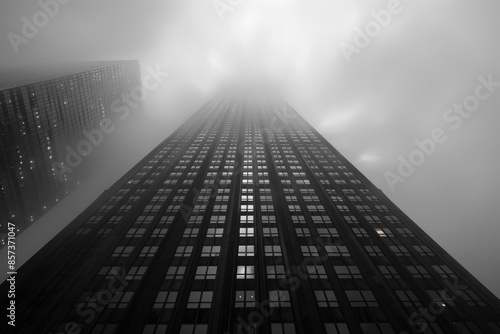A monochrome image of a towering skyscraper disappearing into a cloud-filled sky, invoking a sense of mystery and scale