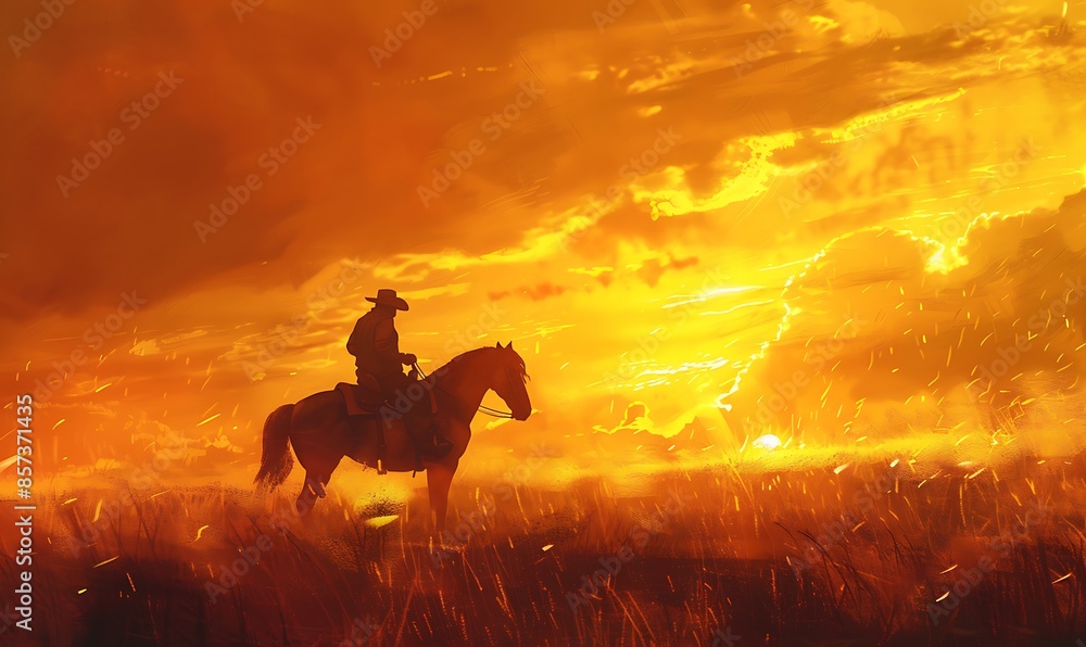 A striking digital painting of a cowboy's silhouette riding a horse against a golden sunset, capturing the timeless essence of the Wild Wes A striking digital painting of a cowboy's silhouette riding a horse against a golden sunset, capturing the timeless essence of the Wild Wes