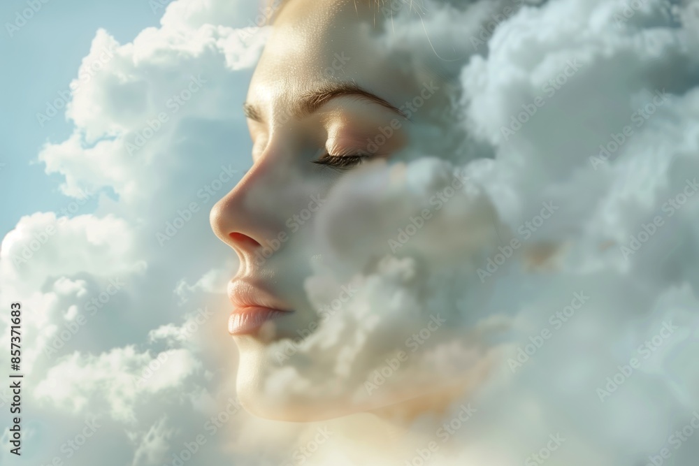 A woman's face is shown in a cloud of white, with her eyes closed and a peaceful expression. Concept of calm and serenity, as if the woman is in a dreamlike state A woman's face is shown in a cloud of white, with her eyes closed and a peaceful expression. Concept of calm and serenity, as if the woman is in a dreamlike state