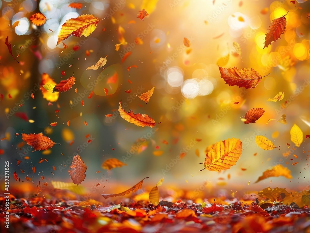 Richly colored autumn leaves falling, picturesque fall backdrop, peaceful atmosphere Richly colored autumn leaves falling, picturesque fall backdrop, peaceful atmosphere