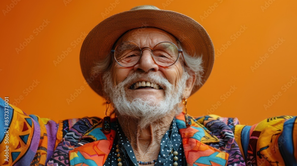 Joyful elderly man with a big smile, wearing a colorful hat and shirt against a vibrant orange background, celebrating life and happiness. Joyful elderly man with a big smile, wearing a colorful hat and shirt against a vibrant orange background, celebrating life and happiness.