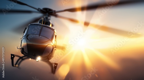 High-detail close-up of a helicopter rotor, blades whirring with power and shimmering in the sunlight, showcasing advanced aeronautical engineering photo