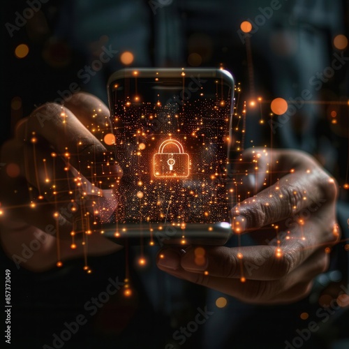 Businessman holding smartphone, lock icon, virtual interfaces, cybersecurity and privacy, data protection, glowing network, dark background