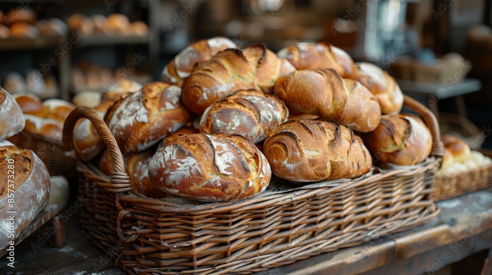 Freshly baked artisan bread in a rustic wicker basket Freshly baked artisan bread in a rustic wicker basket
