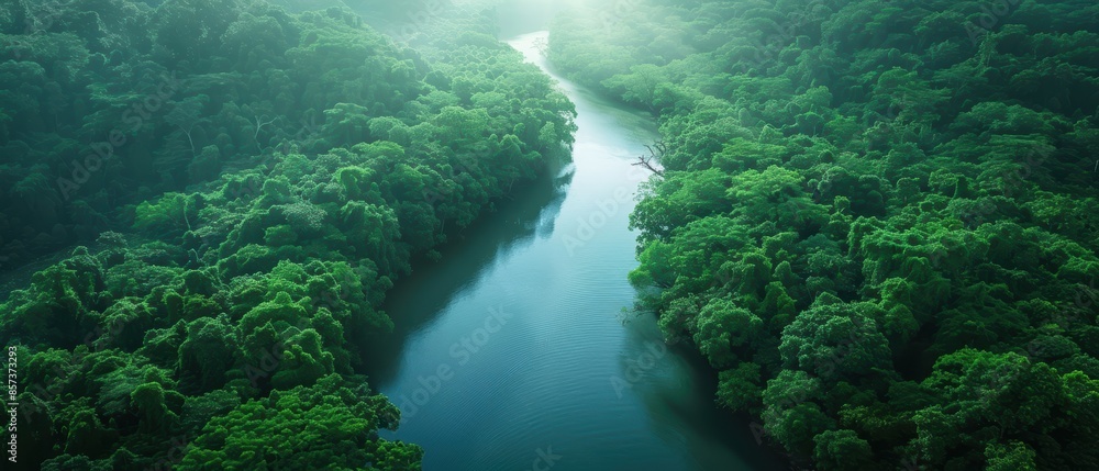 Obraz premium Serene river winding through a dense forest
