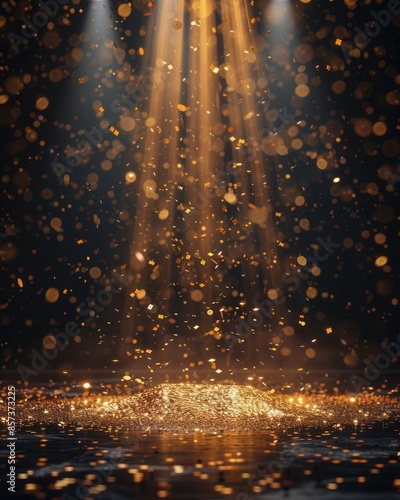 Golden confetti rain on festive stage, light beam in center, empty room, night setting, vibrant glow, mockup for award ceremony, jubilee, New Years party, product presentations