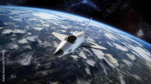 a futuristic spaceship flying above the Earth's atmosphere photo