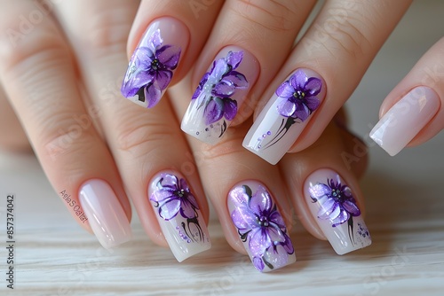 Purple flowers on white french manicure with white tips photo