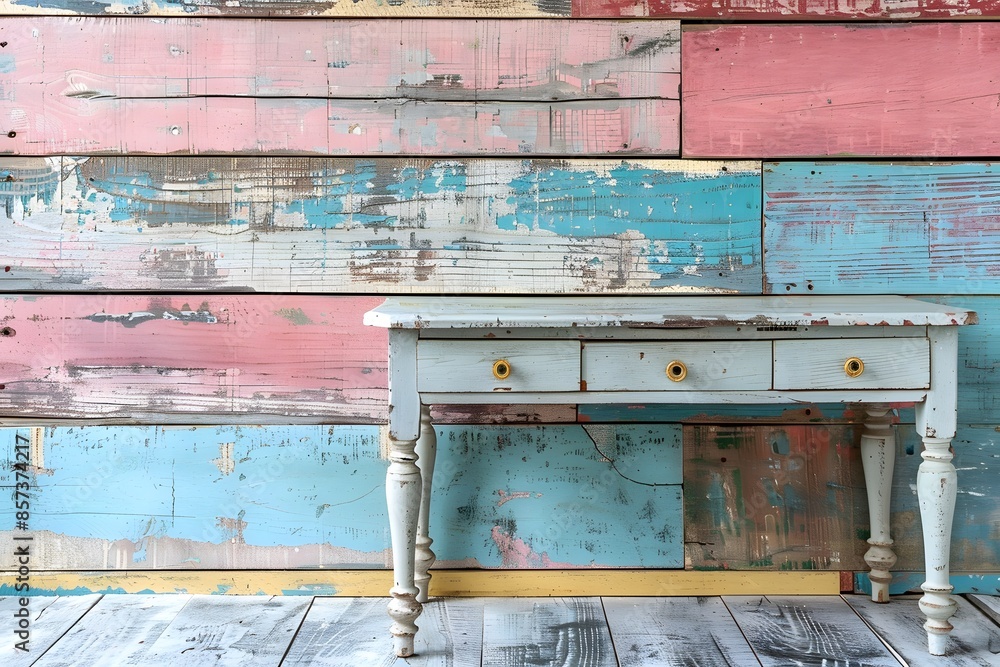 Wooden table against colorful wall Wooden table against colorful wall