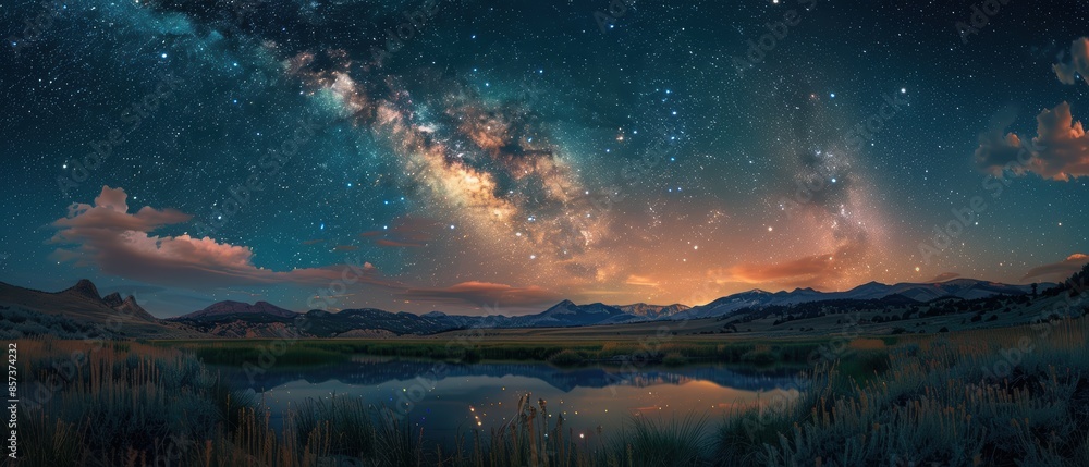 Sky filled with stars and a few scattered clouds over a desert landscape, creating a mystical and serene nighttime scene, Astrophotography, long exposure, Sky filled with stars and a few scattered clouds over a desert landscape, creating a mystical and serene nighttime scene, Astrophotography, long exposure,