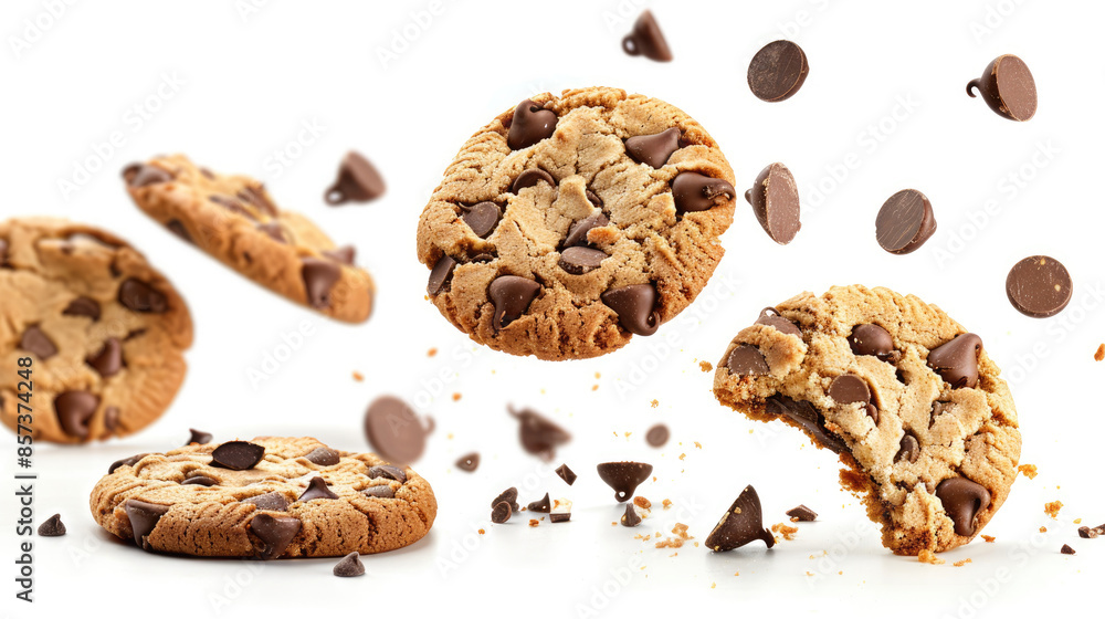 Chocolate chip cookie floating on a white background. Aesthetic sweet food concept. Flying chocolate biscuits Chocolate chip cookie floating on a white background. Aesthetic sweet food concept. Flying chocolate biscuits