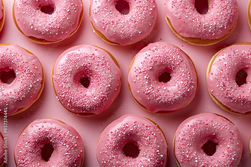 Pink doughnut with sprinkles on pink surface Pink doughnut with sprinkles on pink surface