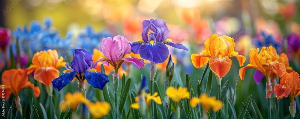 Blooming garden with colorful irises Blooming garden with colorful irises