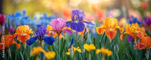 Blooming garden with colorful irises photo