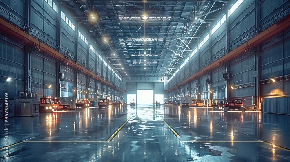 A huge airport warehouse, with a lot of forklifts moving cargo around and planes visible thru the open doors of the warehouse. Generative AI. A huge airport warehouse, with a lot of forklifts moving cargo around and planes visible thru the open doors of the warehouse. Generative AI.