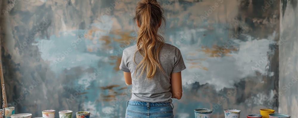Fototapeta premium An artist stands back to assess her canvas, surrounded by paint cans in a studio, reflecting on her creative process and art