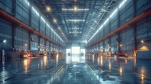 A huge airport warehouse, with a lot of forklifts moving cargo around and planes visible thru the open doors of the warehouse. Generative AI.