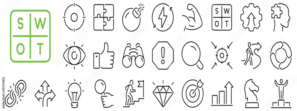 SWOT analysis of strengths, opportunities, weaknesses and threats stroke outline icons set isolated on white background flat vector illustration. SWOT analysis of strengths, opportunities, weaknesses and threats stroke outline icons set isolated on white background flat vector illustration.