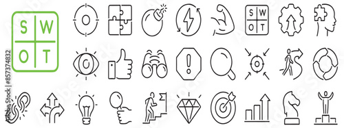 SWOT analysis of strengths, opportunities, weaknesses and threats stroke outline icons set isolated on white background flat vector illustration.