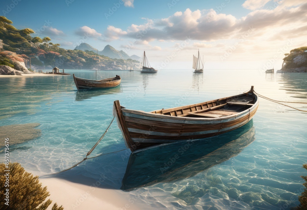 tranquil fishing boat anchored calm serene coastal scene vessel resting still ocean, bay, waters, peaceful, cove, angling, watercraft, moored, placid, sea tranquil fishing boat anchored calm serene coastal scene vessel resting still ocean, bay, waters, peaceful, cove, angling, watercraft, moored, placid, sea