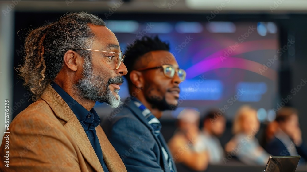 An attentive man with a gray beard and glasses in a brown suit listens carefully at a conference. The background shows a sophisticated screen and other participants.
