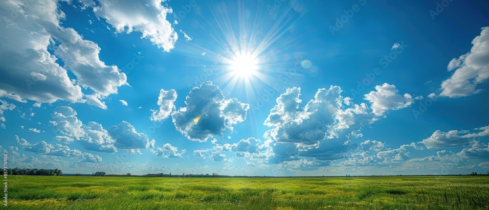 Sky with fluffy white clouds and a bright sun over a rolling green meadow, perfect for a cheerful and uplifting countryside scene, Photography, taken with a wide-angle lens, Sky with fluffy white clouds and a bright sun over a rolling green meadow, perfect for a cheerful and uplifting countryside scene, Photography, taken with a wide-angle lens,