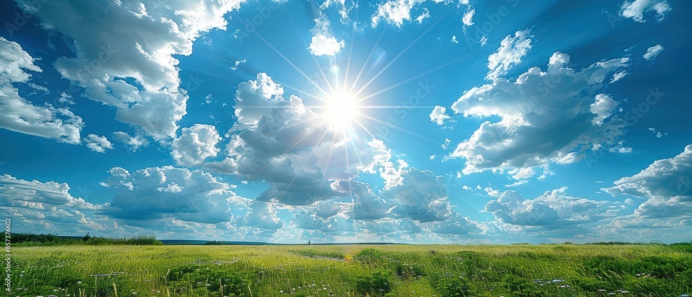 Sky with fluffy white clouds and a bright sun over a rolling green meadow, perfect for a cheerful and uplifting countryside scene, Photography, taken with a wide-angle lens, Sky with fluffy white clouds and a bright sun over a rolling green meadow, perfect for a cheerful and uplifting countryside scene, Photography, taken with a wide-angle lens,