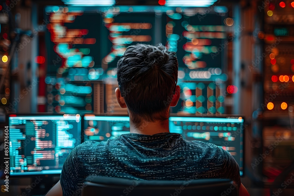 Man at desk, many computer screens Man at desk, many computer screens