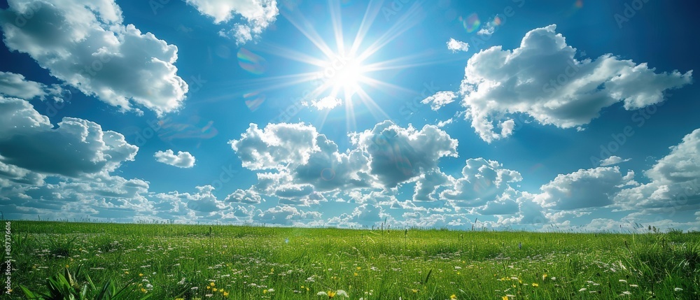 Sky with fluffy white clouds and a bright sun over a rolling green meadow, perfect for a cheerful and uplifting countryside scene, Photography, taken with a wide-angle lens, Sky with fluffy white clouds and a bright sun over a rolling green meadow, perfect for a cheerful and uplifting countryside scene, Photography, taken with a wide-angle lens,