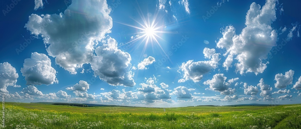 Sky with fluffy white clouds and a bright sun over a rolling green meadow, perfect for a cheerful and uplifting countryside scene, Photography, taken with a wide-angle lens, Sky with fluffy white clouds and a bright sun over a rolling green meadow, perfect for a cheerful and uplifting countryside scene, Photography, taken with a wide-angle lens,
