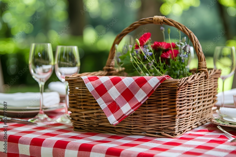 Basket flowers table wine glasses