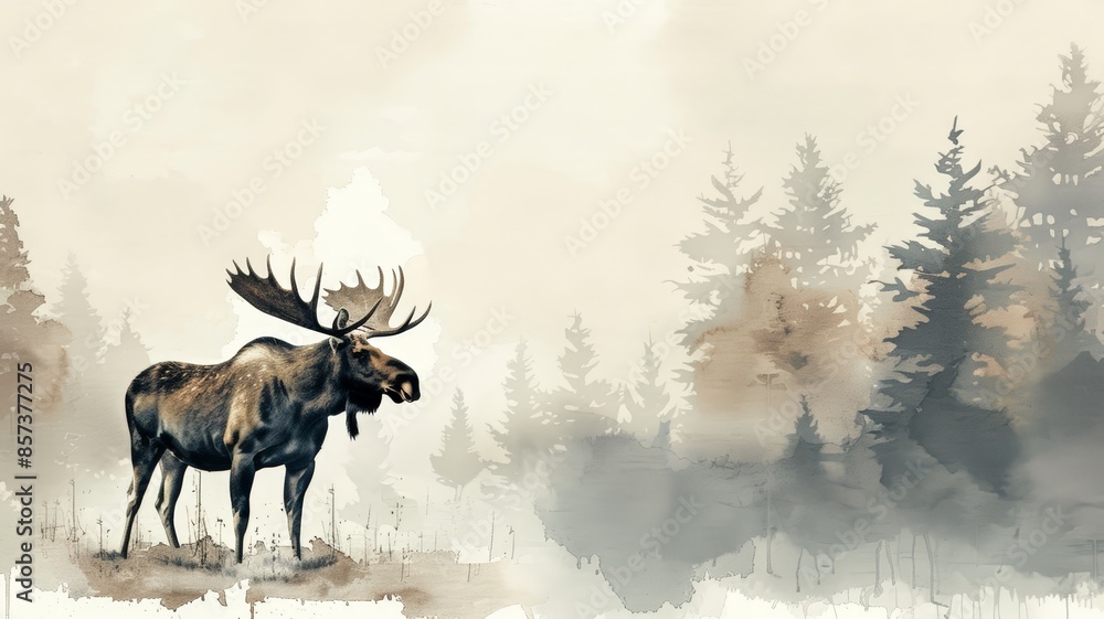 Watercolor illustration of a moose in a tranquil forest. Gentle shading and serene tones emphasize the calmness. Watercolor illustration of a moose in a tranquil forest. Gentle shading and serene tones emphasize the calmness.