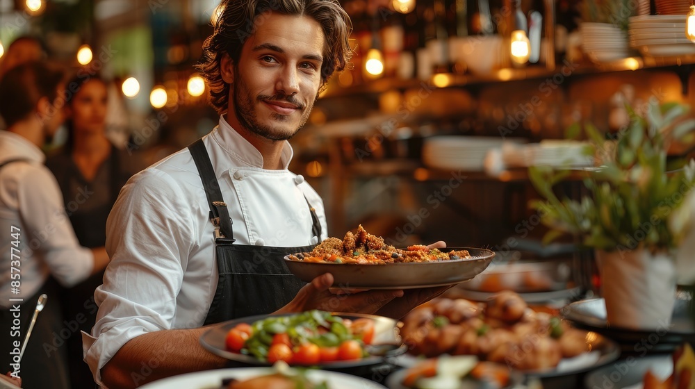 Waiter serving food to customers during party in restaurant. Generative AI. Waiter serving food to customers during party in restaurant. Generative AI.