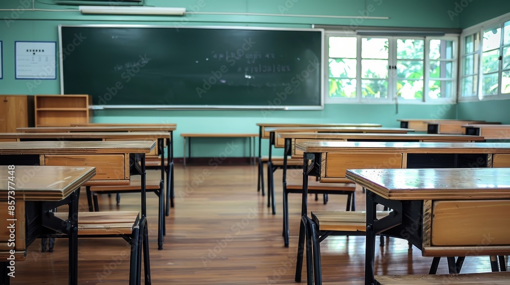 A classroom featuring neatly arranged wooden desks and a blackboard on a sunny day. The natural light coming through large windows adds warmth to the learning environment. A classroom featuring neatly arranged wooden desks and a blackboard on a sunny day. The natural light coming through large windows adds warmth to the learning environment.