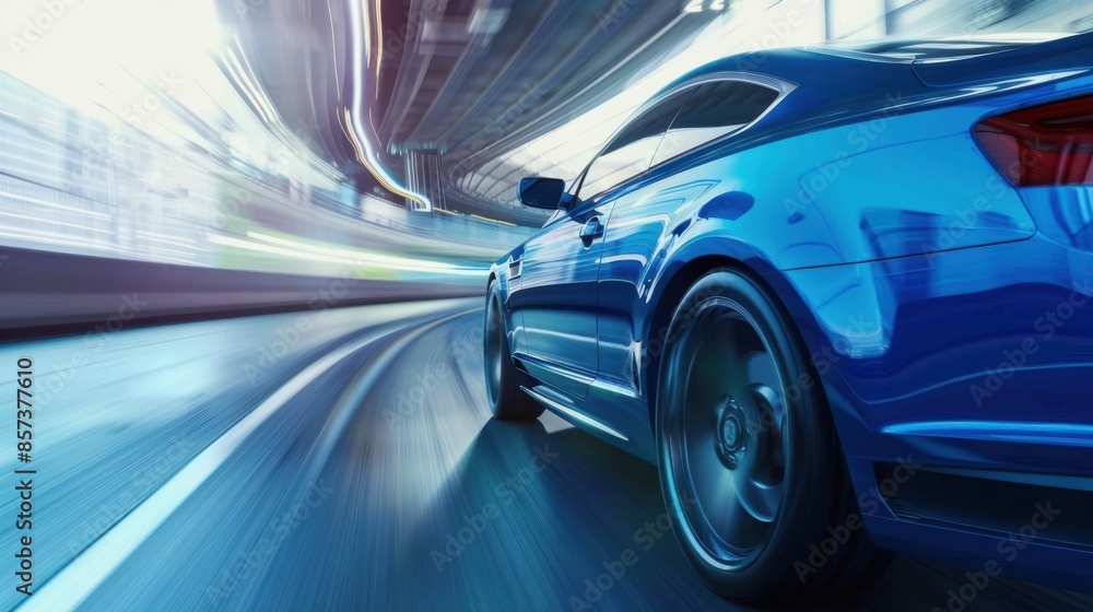 A blue sports car speeds through a city at night with motion blur, creating a sense of speed and energy. A blue sports car speeds through a city at night with motion blur, creating a sense of speed and energy.