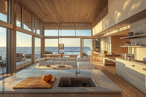 Modern minimalist kitchen with clean lines and natural materials, illuminated by the warm glow of the afternoon sun, showcasing the open floor plan and seamless integration with the coastal outdoors.