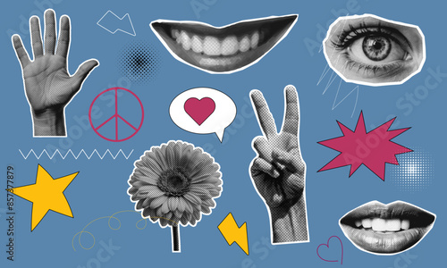 pop art collage halftone with eyes, lips, hands cut out of paper with a peaceful gesture