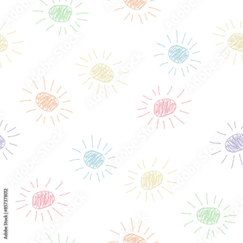 Colorful abstract sun seamless pattern. Doodle kids drawing crayon pencil chalk texture. Summer happy children sunny background. Sunshine cute child illustration