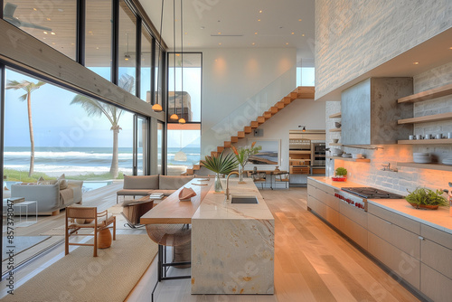 Modern minimalist kitchen with clean lines and natural materials, illuminated by the warm glow of the afternoon sun, showcasing the open floor plan and seamless integration with the coastal outdoors.