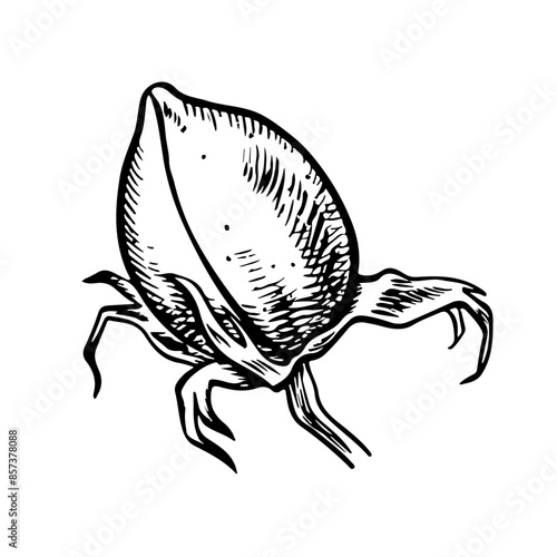 The cotton is organic. Unripe, unopened cotton. Black and white, graphic, vector illustration in the form of a cotton box, emphasizing botanical features. Isolate, hand-drawn on a white background.