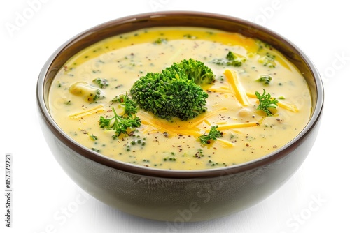 Broccoli cheddar soup in white bowl