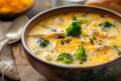 Broccoli Cheddar soup with chicken selective focus