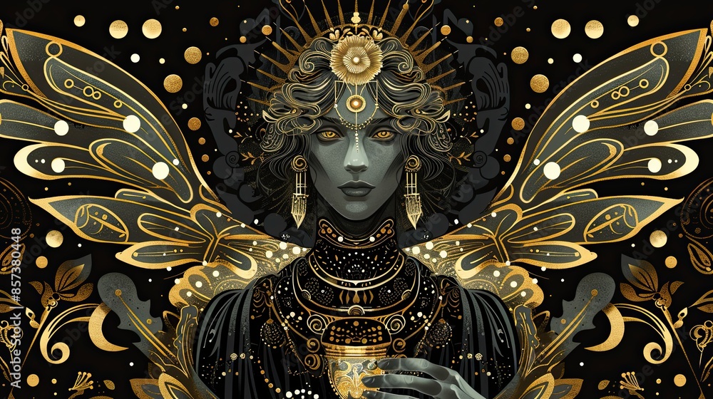 Fototapeta premium A woman with a gold headdress and wings is holding a cup