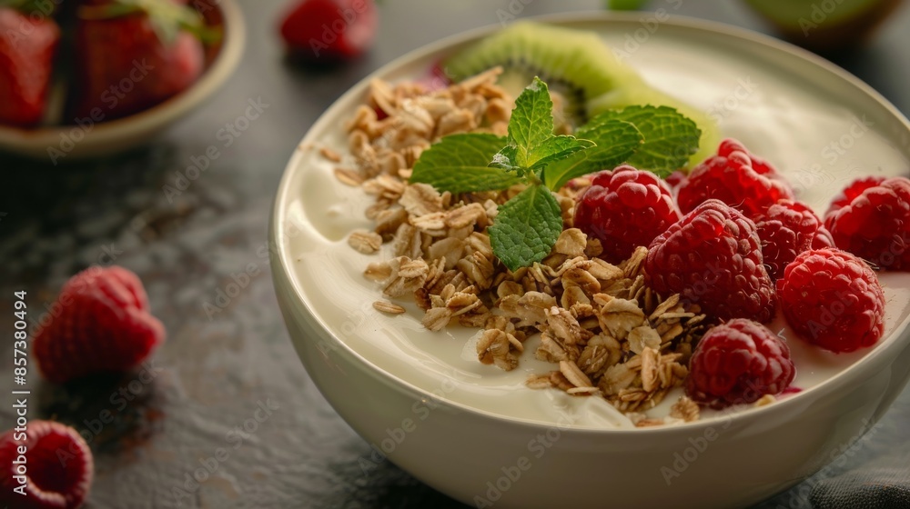 Bowl of yogurt with granola, raspberries, and kiwi, healthy breakfast concept Bowl of yogurt with granola, raspberries, and kiwi, healthy breakfast concept